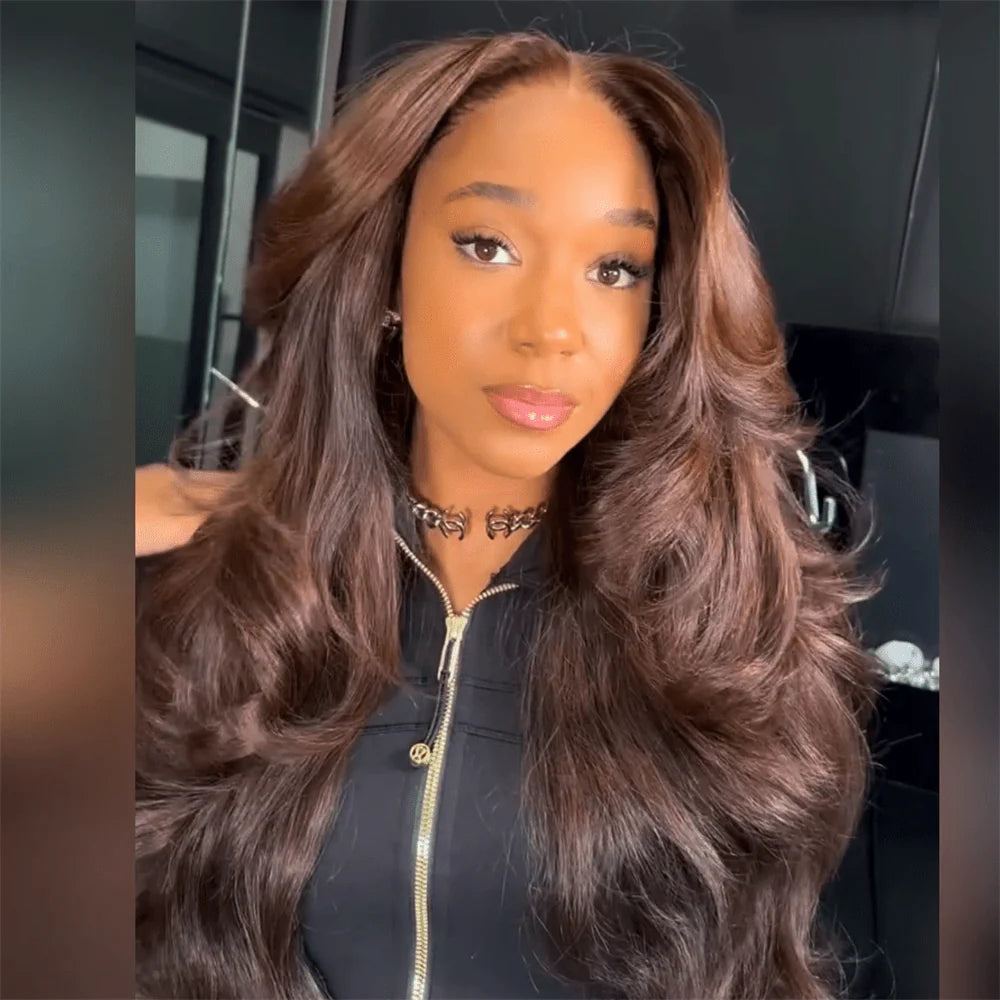 Atikual Luxury Chestnut Brown Layered Body Wave 13x4 HD Lace Front Wig 100% Unprocessed Brazilian Human Hair Wig for Black Women