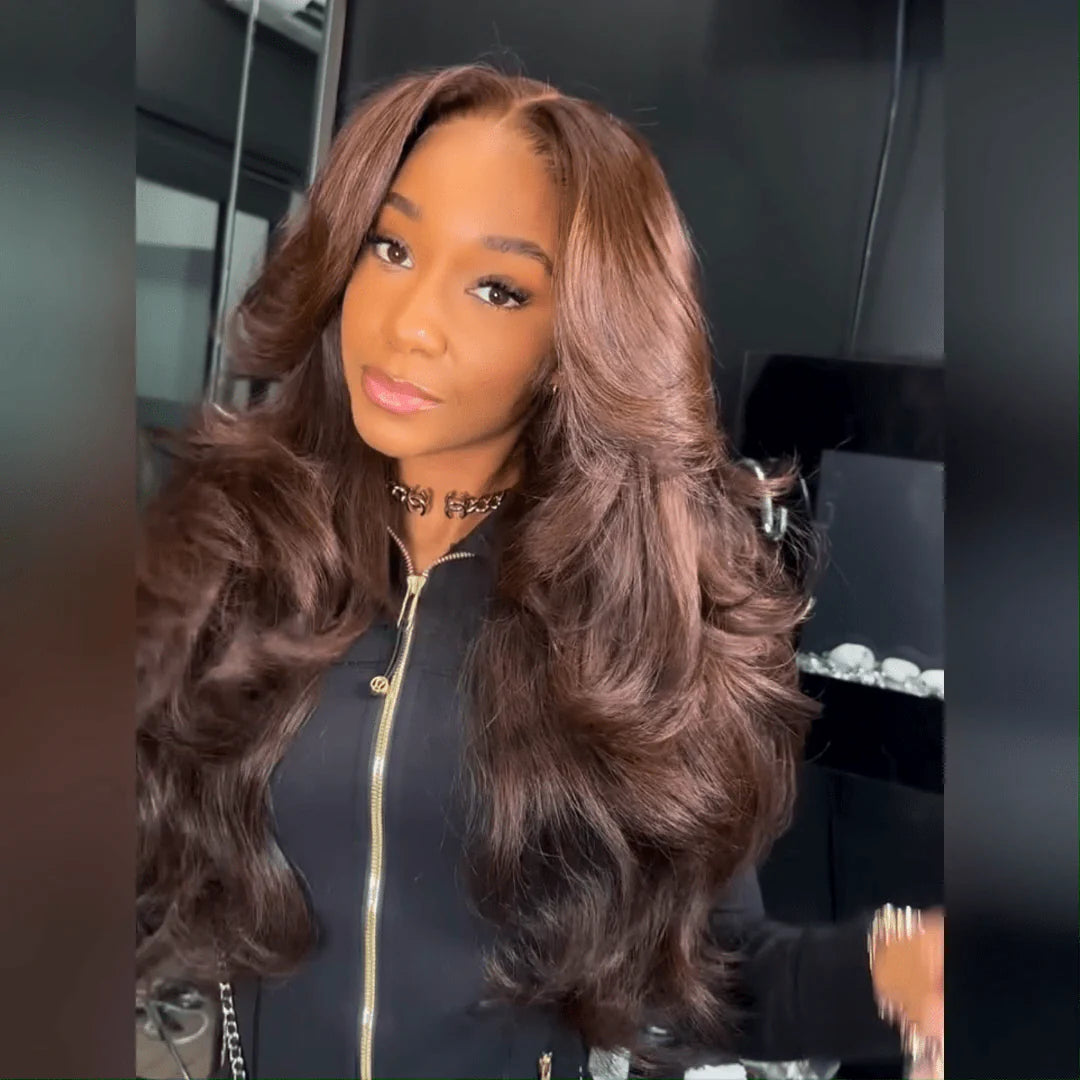 Atikual Luxury Chestnut Brown Layered Body Wave 13x4 HD Lace Front Wig 100% Unprocessed Brazilian Human Hair Wig for Black Women