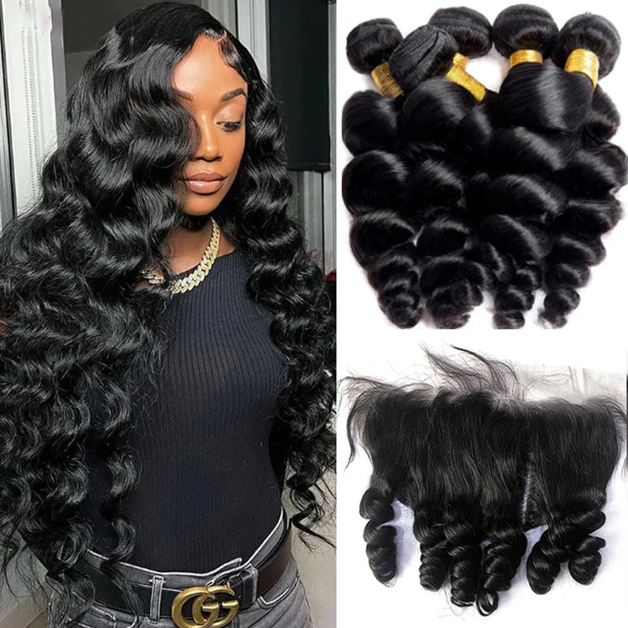 Atikual Loose Wave Hair 3 Bundles With 13x4 Lace Frontal Unprocessed Human Virgin Hair