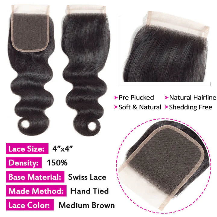 Atikual 4x4 HD Transparent Lace Closure Body Wave Human Hair Closure Natural Black Hair Top Swiss Lace