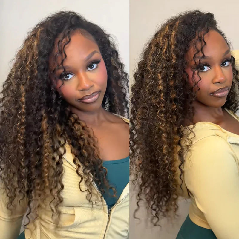 Atikual Wear Go Half Wig 1B/30 Highlight Kinky Curly Half Wig InvisiFit Strap Flip Over Wig Human Hair