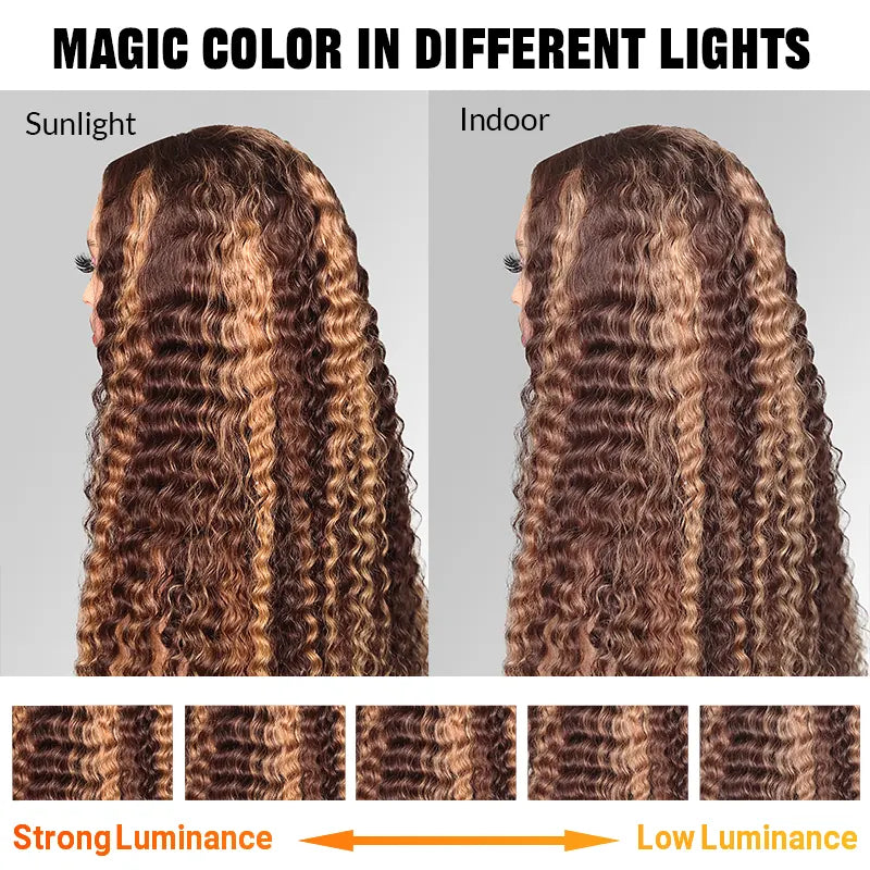 Atikual Highlight Wear Go Glueless Wig Brown Color Deep Wave 7X5 Pre-Cut Lace Human Hair Wig