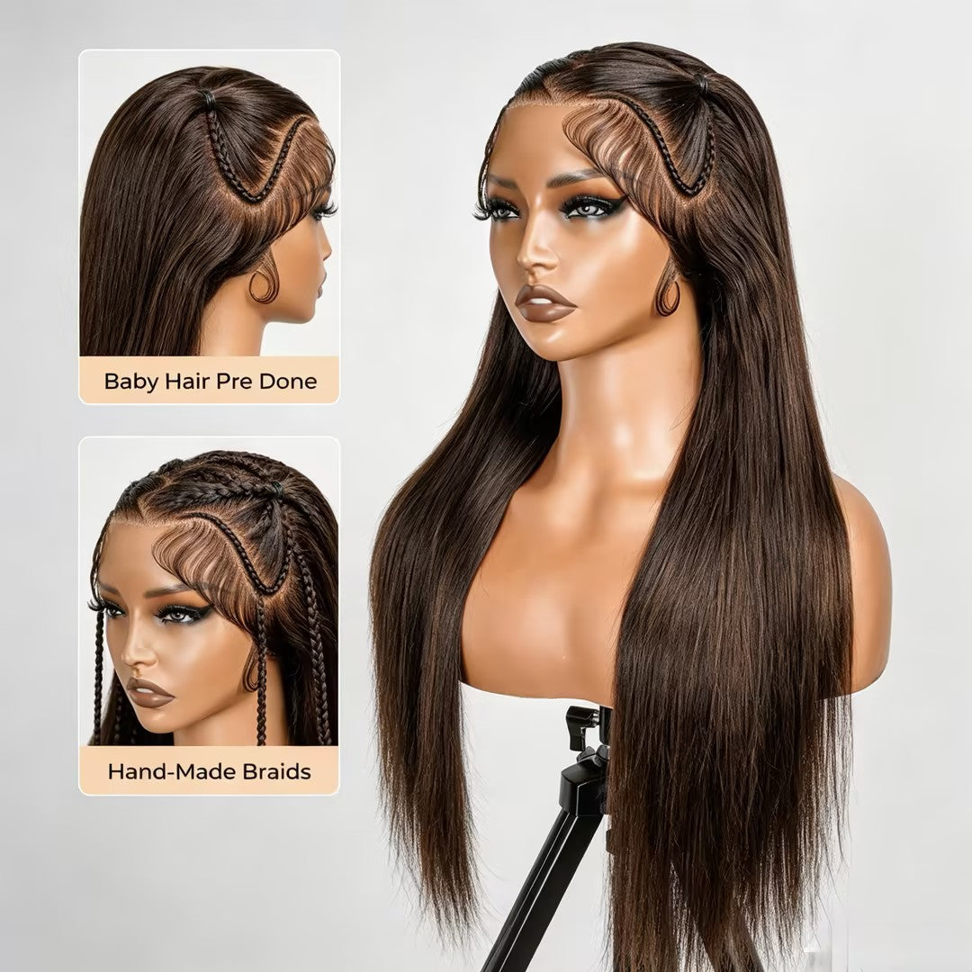 Atikual #4 Brown Pre Styled Zig Zag Part Frontal Wig Straight Glueless Lace Wig