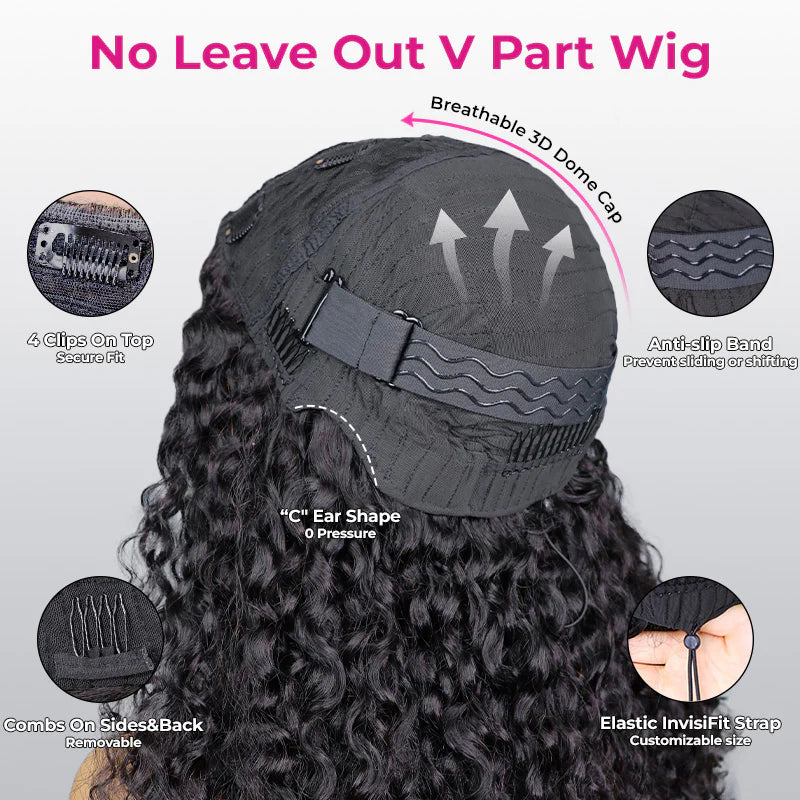 Atikual V Part Burmese Curly Invisi Strap New In Hand Tied 250% Density Wig Human Hair No Leave Out Glueless Wig With Elastic Drawstrings Beginner Friendly