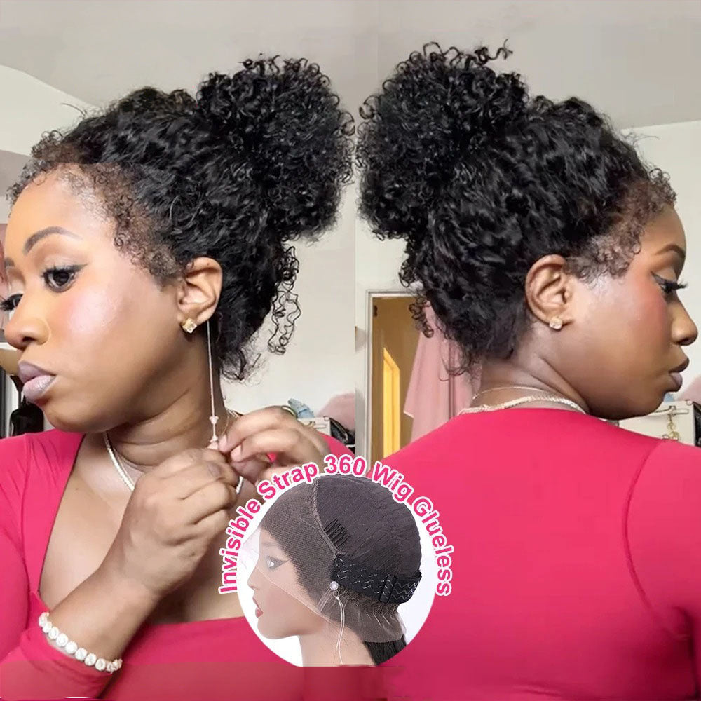 Atikual 4C Curly Edges Hairline Invisi Strap 360 Lace Front Glueless Lace Wig Kinky Curly Human Hair Wig With Super Natural Hairline