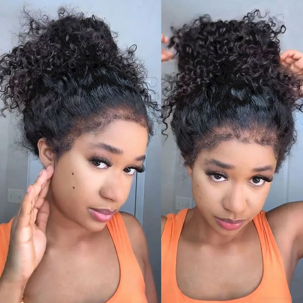 Atikual 4C Curly Edges Hairline Invisi Strap 360 Lace Front Glueless Lace Wig Kinky Curly Human Hair Wig With Super Natural Hairline