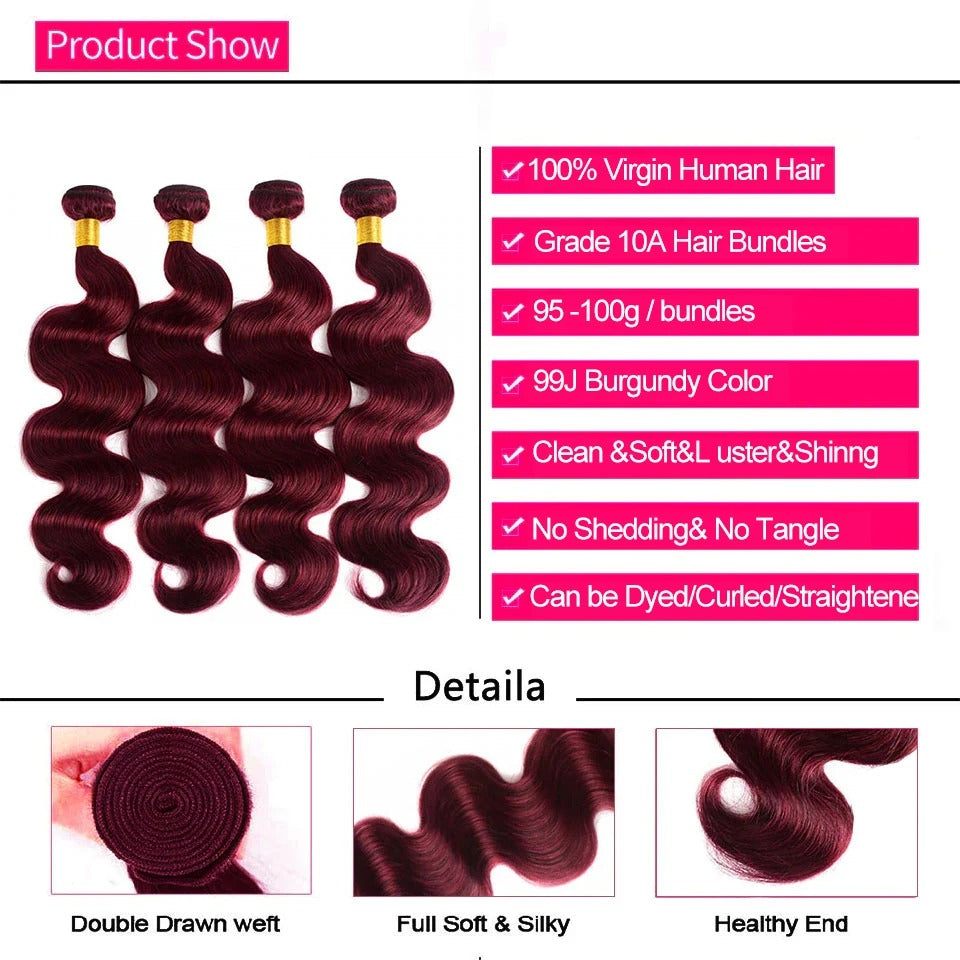 Atikual Burgundy 99J Body Wave Bundles Brazilian Red Color Human Hair Bundles 4 Pcs Hair Extensions Body Weave Colored Bundle