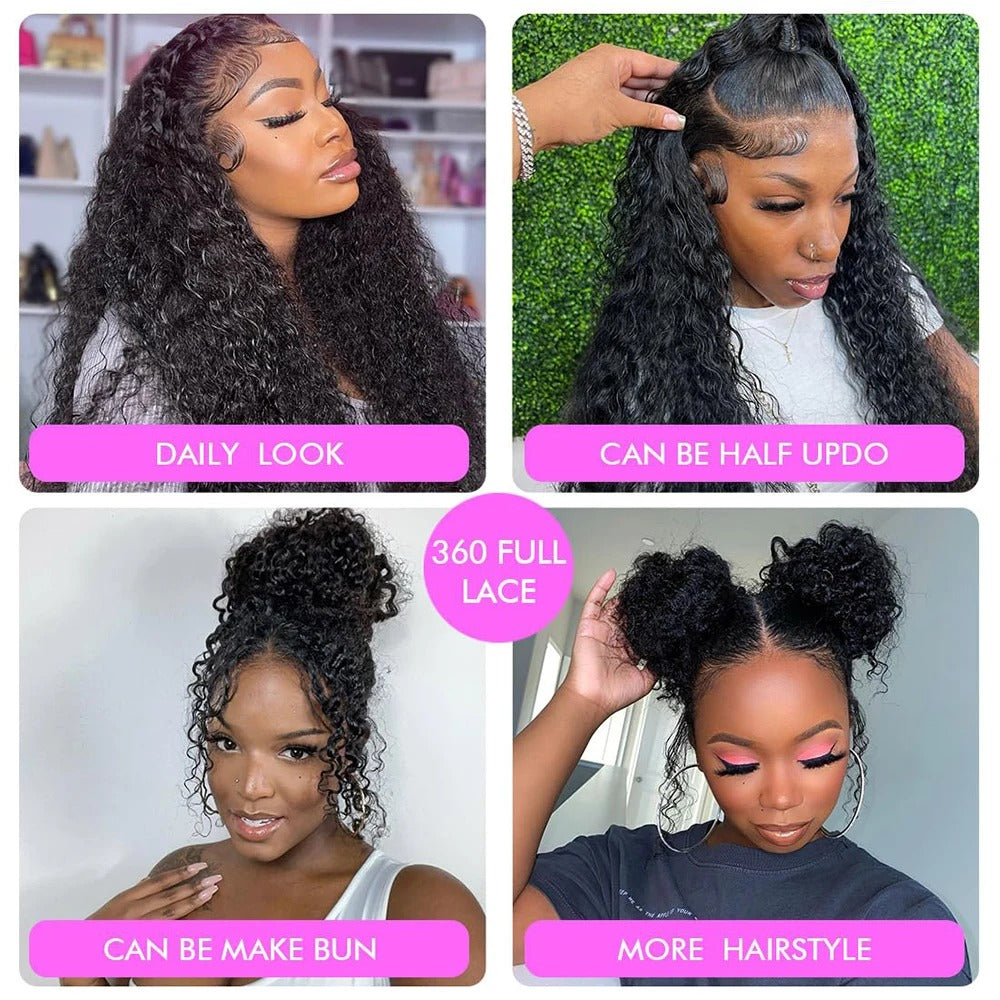 Atikual Invisi Strap HD 360 Full Lace Wig Human Hair Precut 360 Lace Front Wig Water Wave Glueless Wig for Black Women