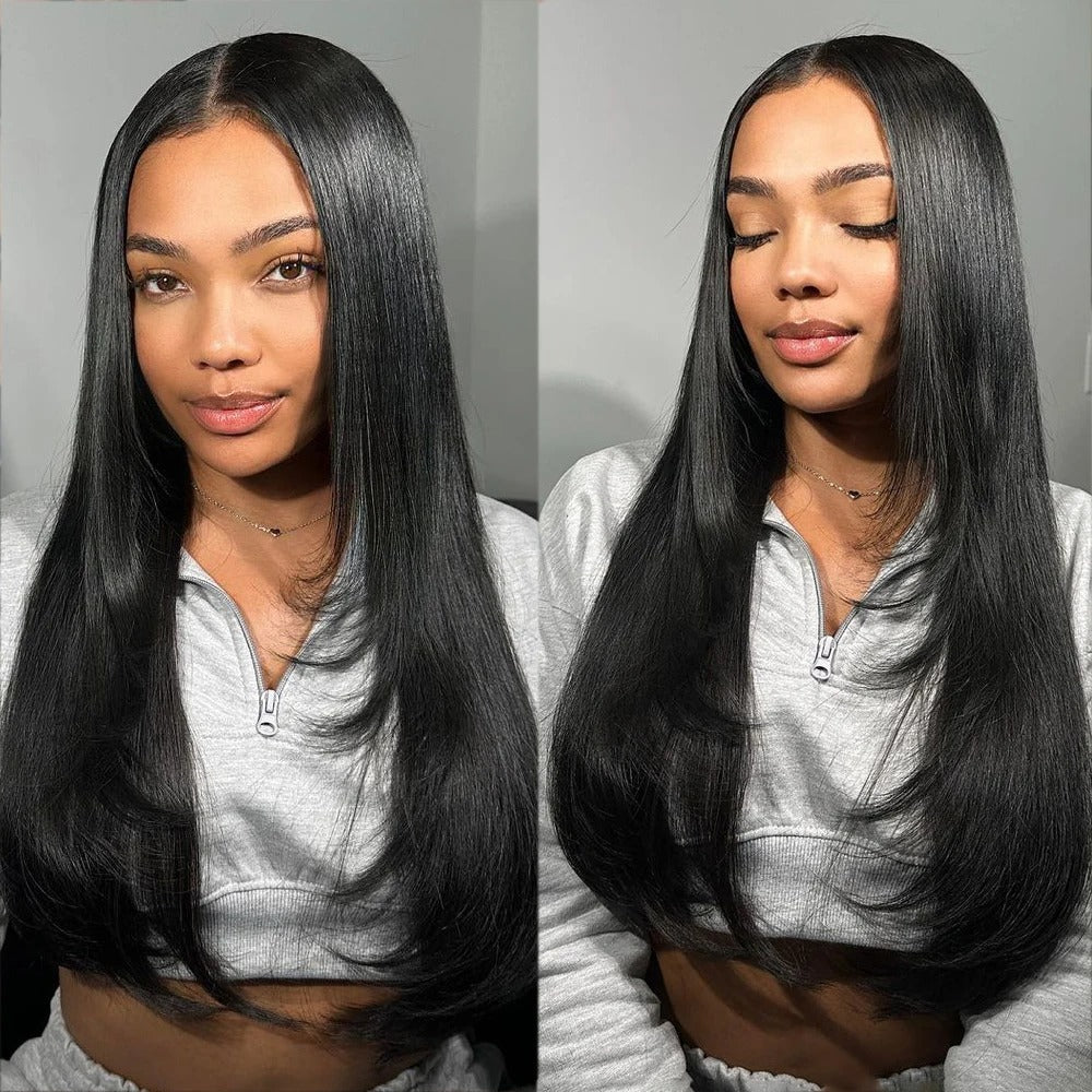 Atikual Layered Cut Wear Go Wigs Straight 7x5 Pre-cut Lace Closure 180% Density Wigs 100% Human Hair