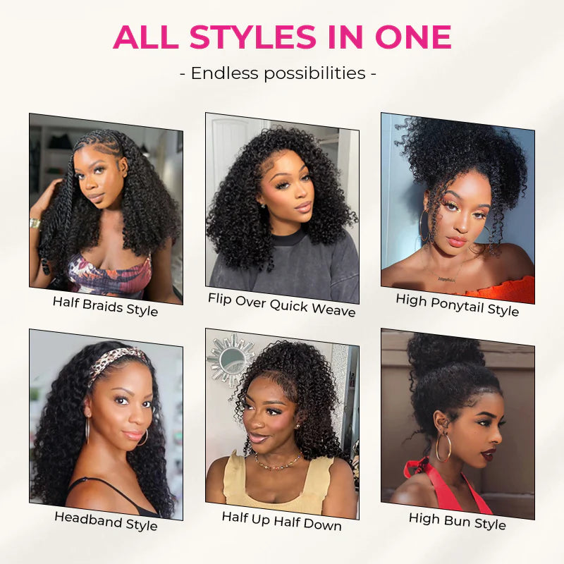 Atikual Wear Go Half Wig 1B/30 Highlight Kinky Curly Half Wig InvisiFit Strap Flip Over Wig Human Hair